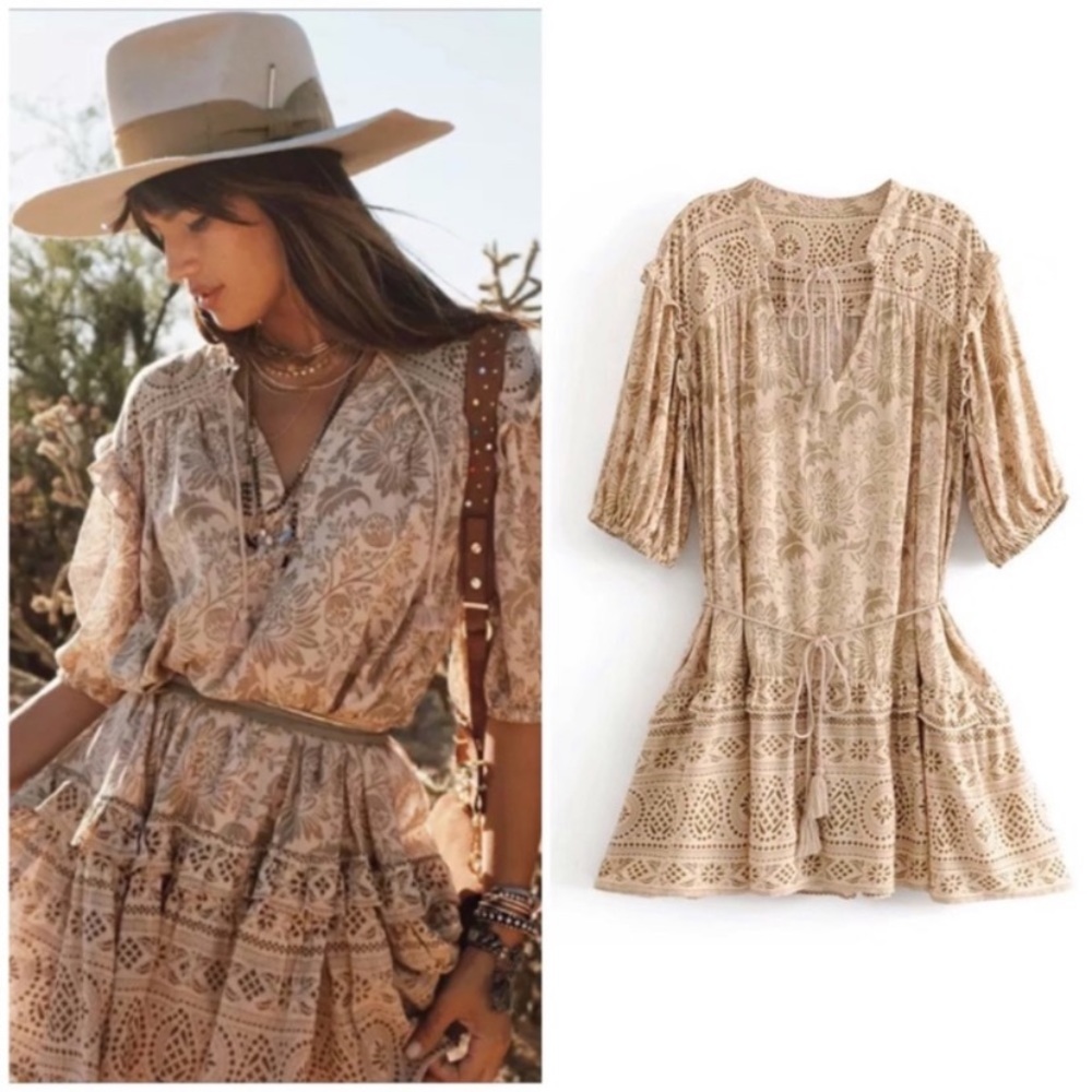 Khaki Autumn Winds Boho Floral Mini Ruffle Dress - Picture 3 of 7